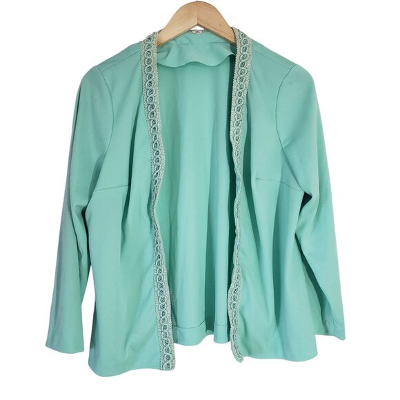 Vintage Jackets & Blazers - Vintage Mint Green Open Front Jacket Lightweight‎ Womens Size L Elegant Retro